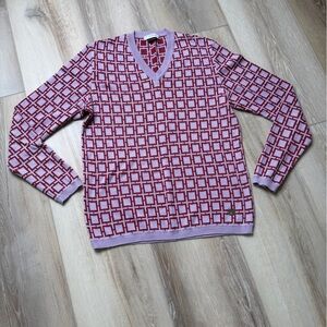 Gianni Versace Pink and Red Geometric Knit V‑Neck Sweater - Size M